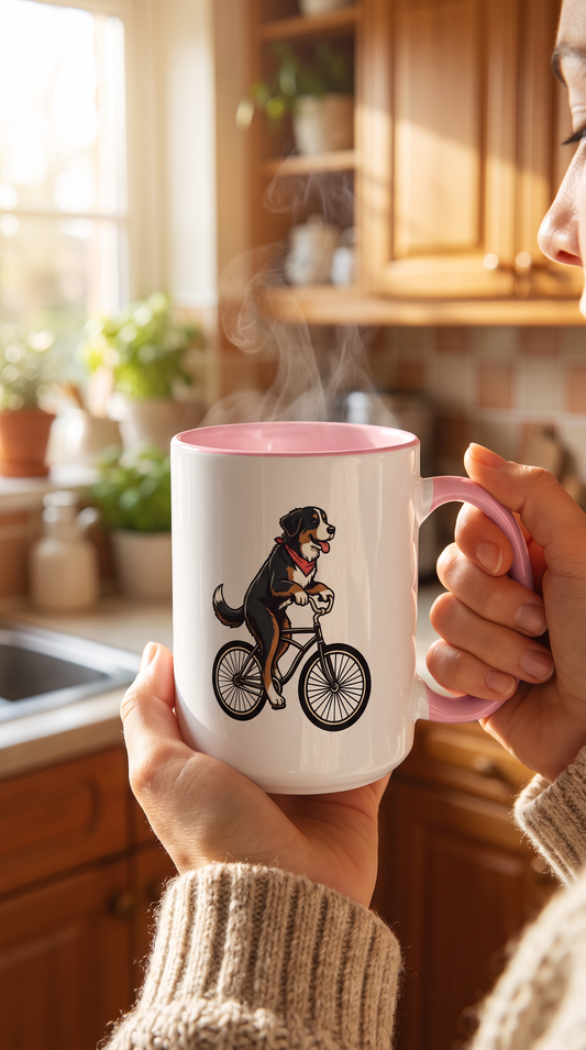 Person holding the Bernese Mountain Dog on a Bike ceramic mug in a kitchen