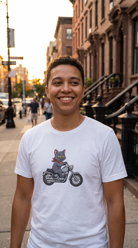 Person wearing the Black Cat on a Motorcycle t-shirt, lifestyle photo