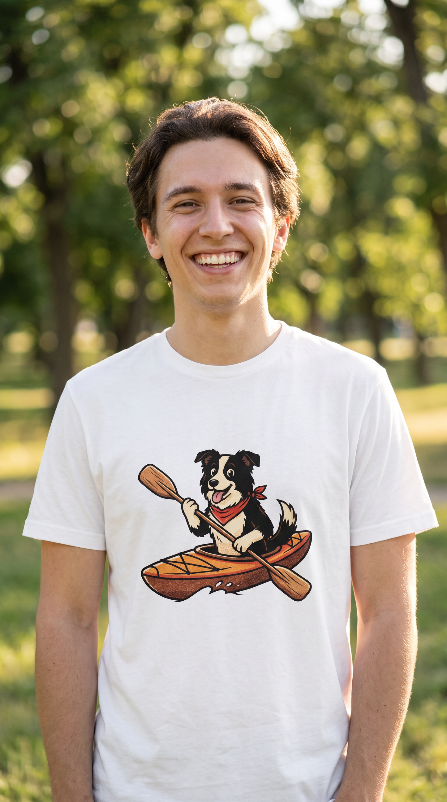 Person wearing the Border Collie in a Kayak unisex t-shirt outdoors