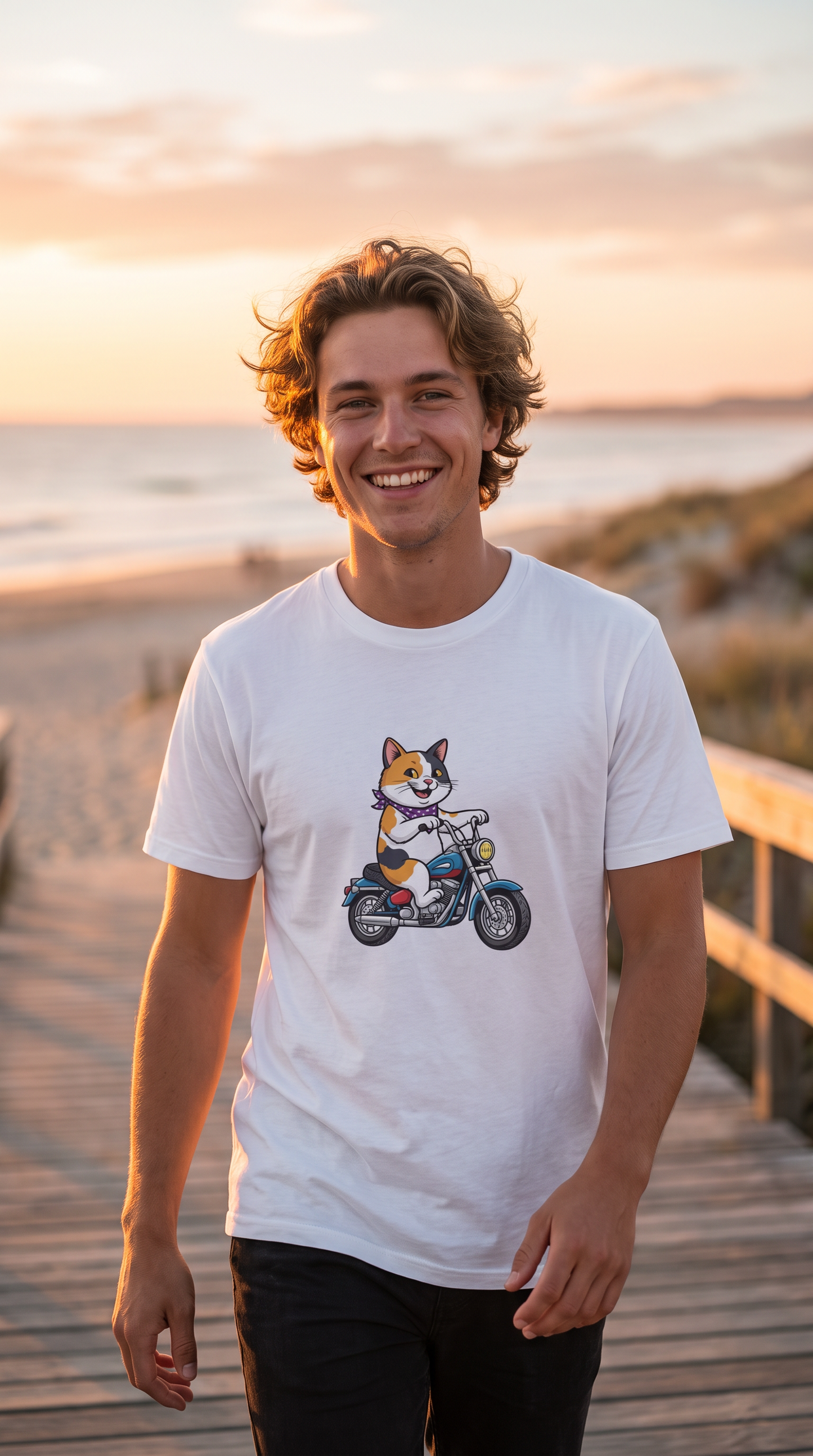 Person wearing the Calico Cat on a Motorcycle t-shirt, lifestyle photo