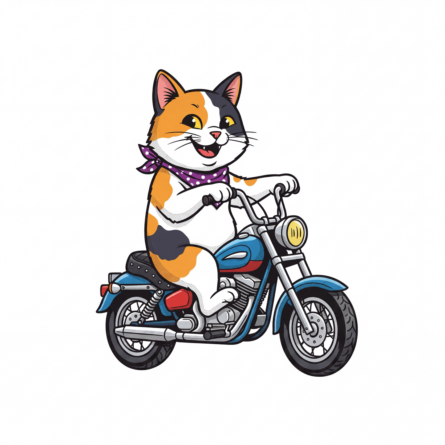 Calico Cat on a Motorcycle t-shirt print design close-up