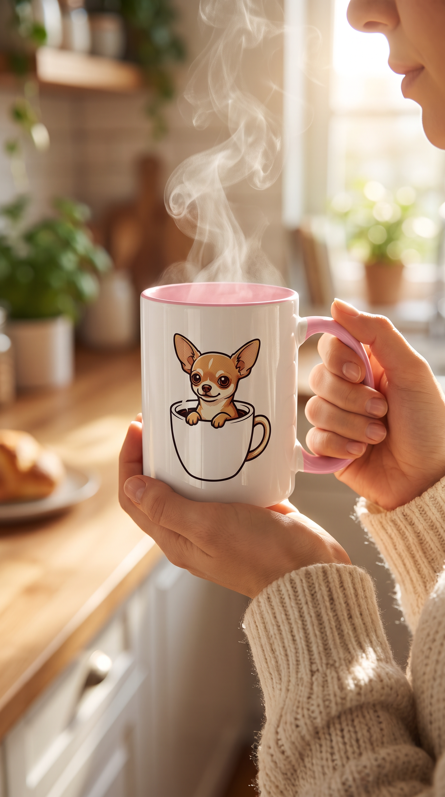 Person holding the Chihuahua in a Mug ceramic mug in a kitchen