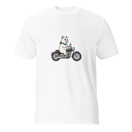 White Cat on a Motorcycle Unisex T-Shirt
