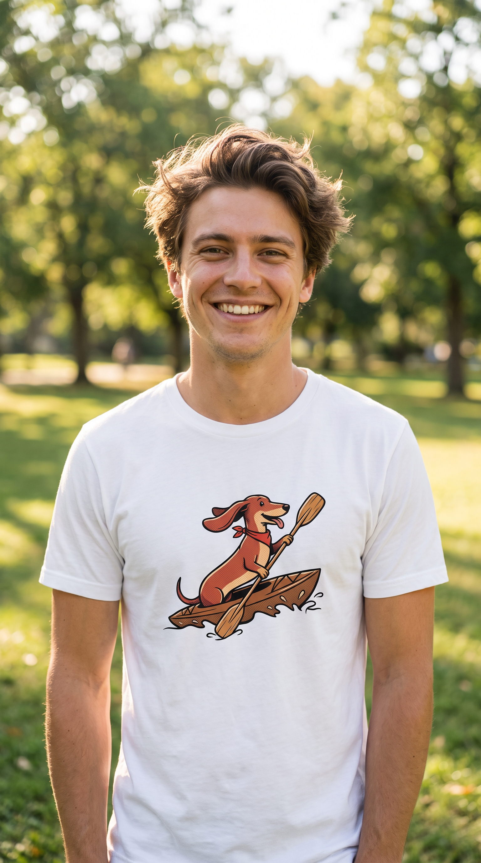 Person wearing the Dachshund in a Kayak unisex t-shirt outdoors
