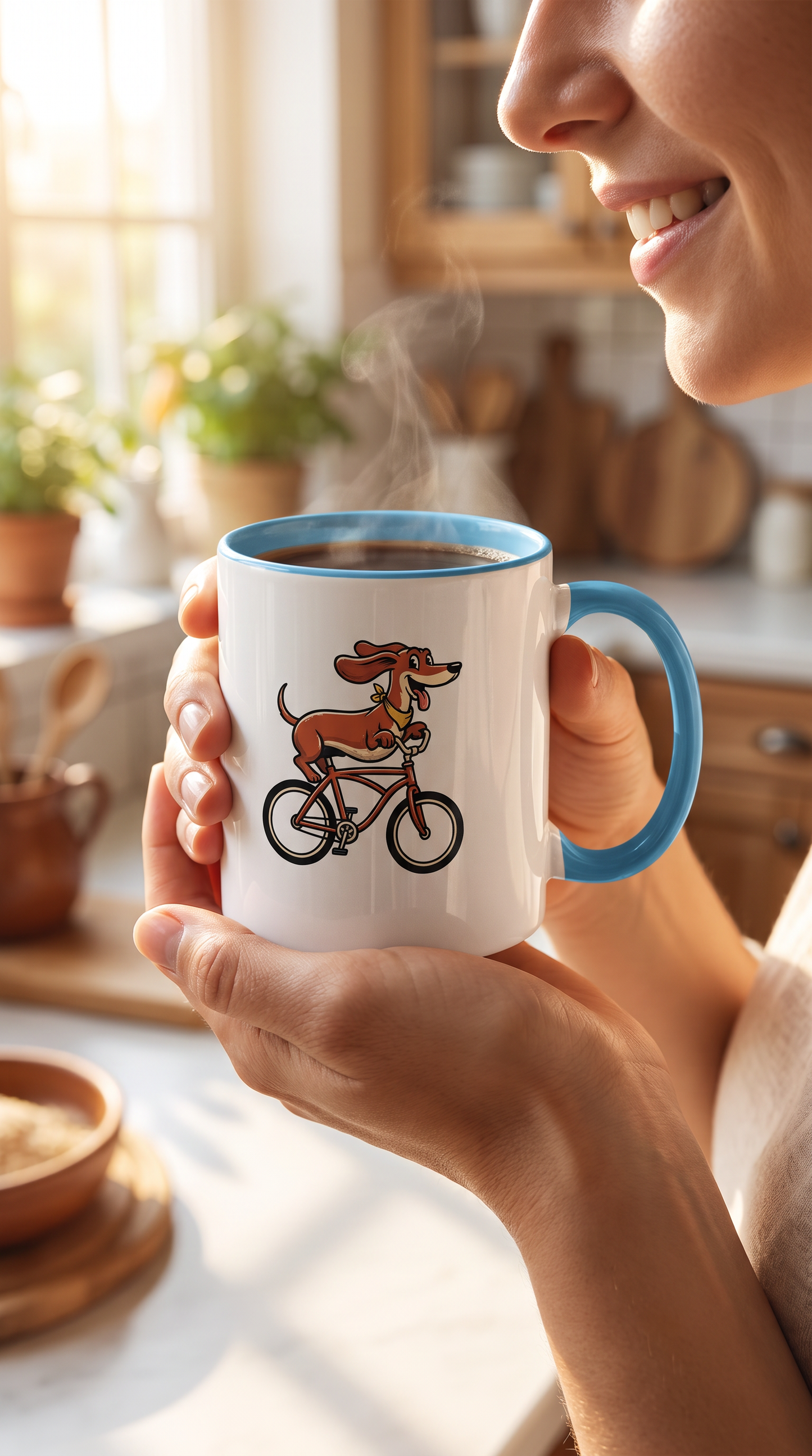 Person holding the Dachshund on a Bike ceramic mug in a kitchen