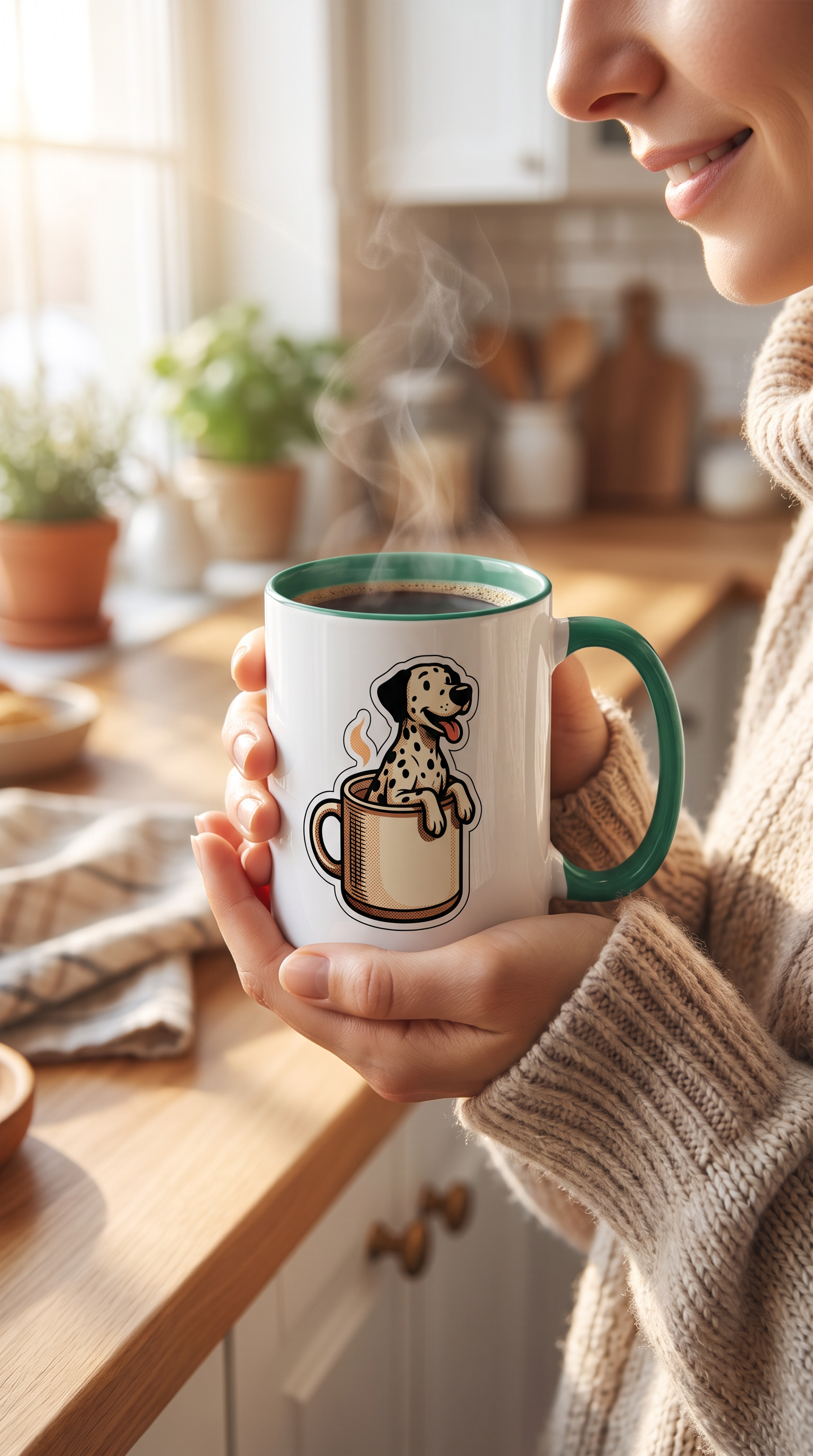 Person holding the Dalmatian in a Mug ceramic mug in a kitchen