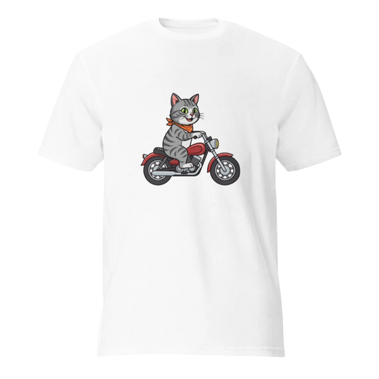 Gray Tabby Cat on a Motorcycle Unisex T-Shirt