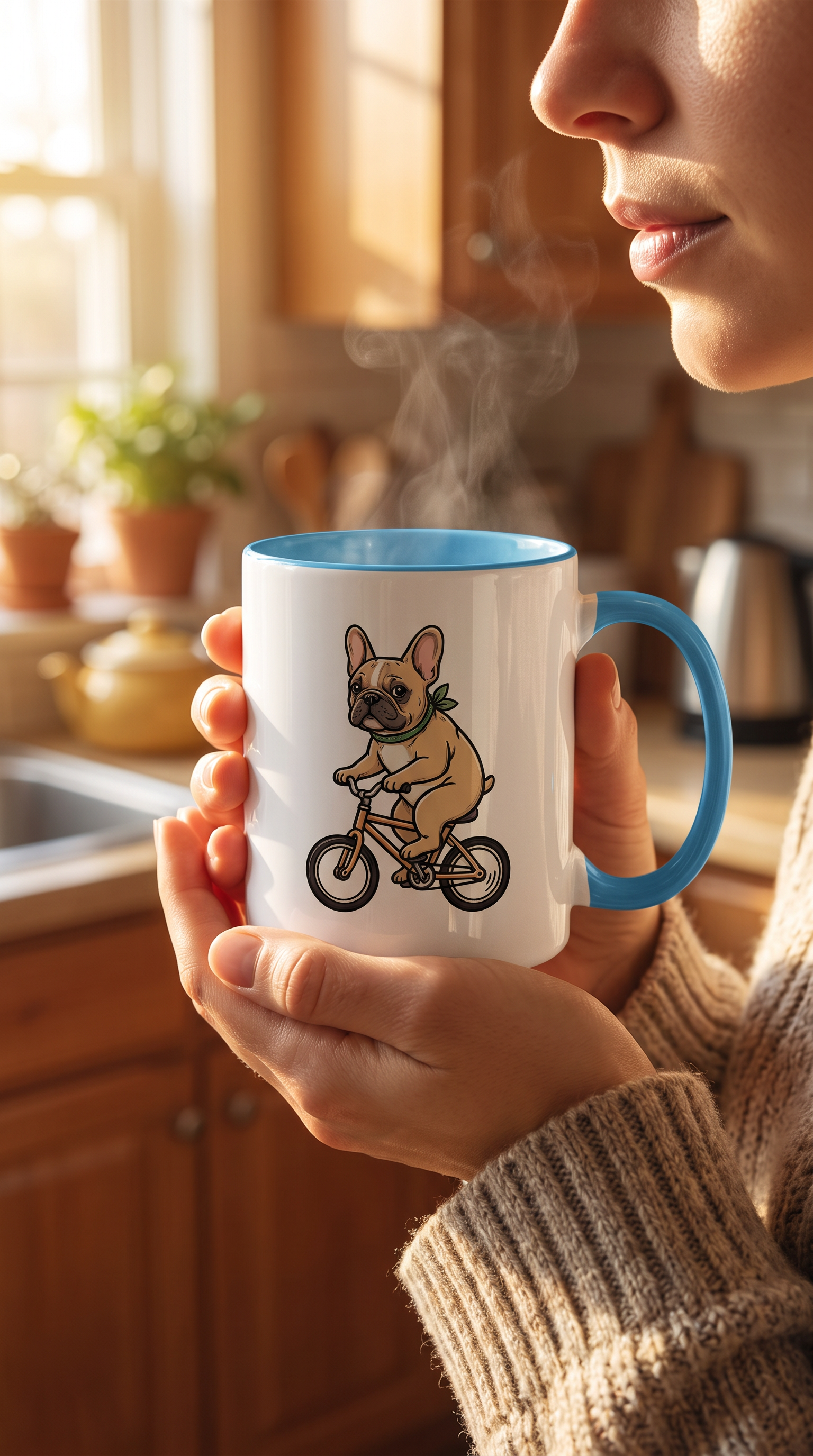 Person holding the French Bulldog on a Bike ceramic mug in a kitchen
