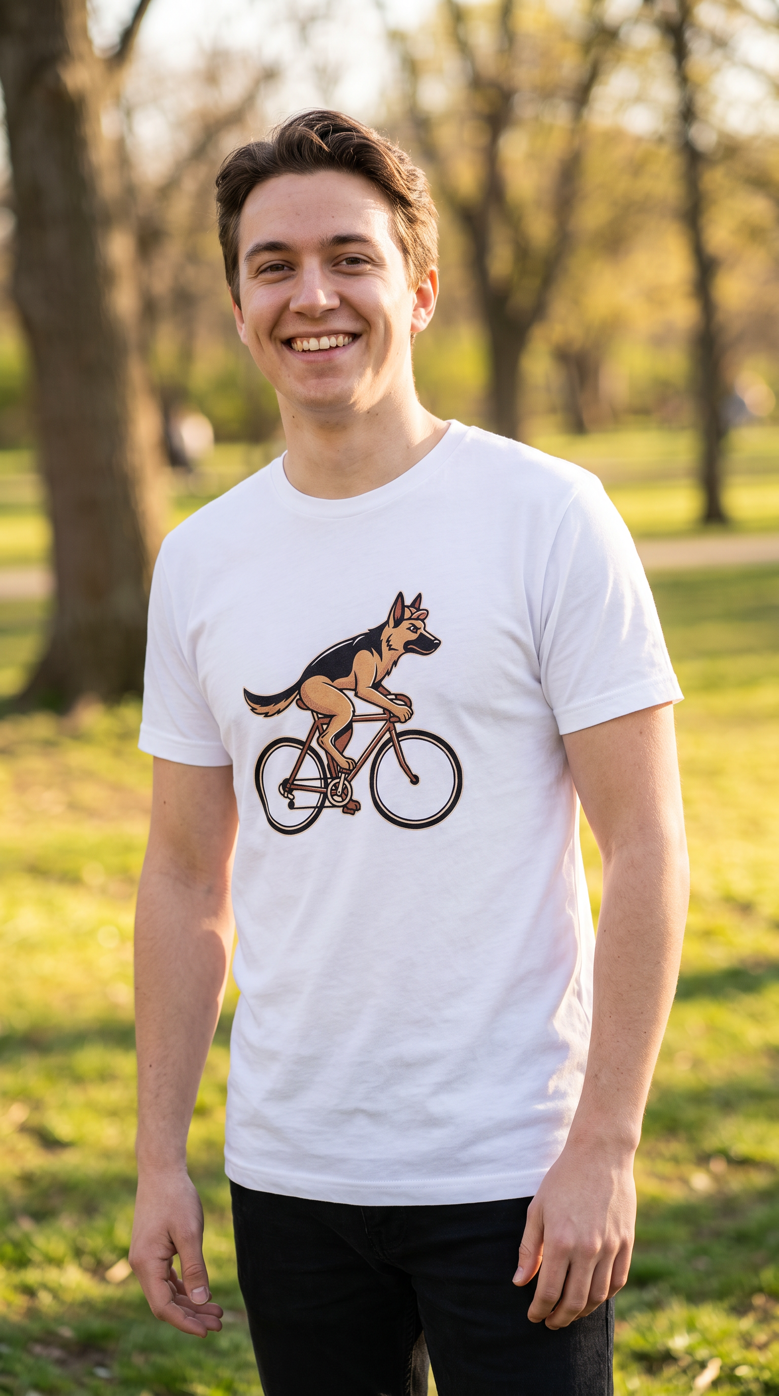 Person wearing the German Shepherd on a Bike unisex t-shirt outdoors