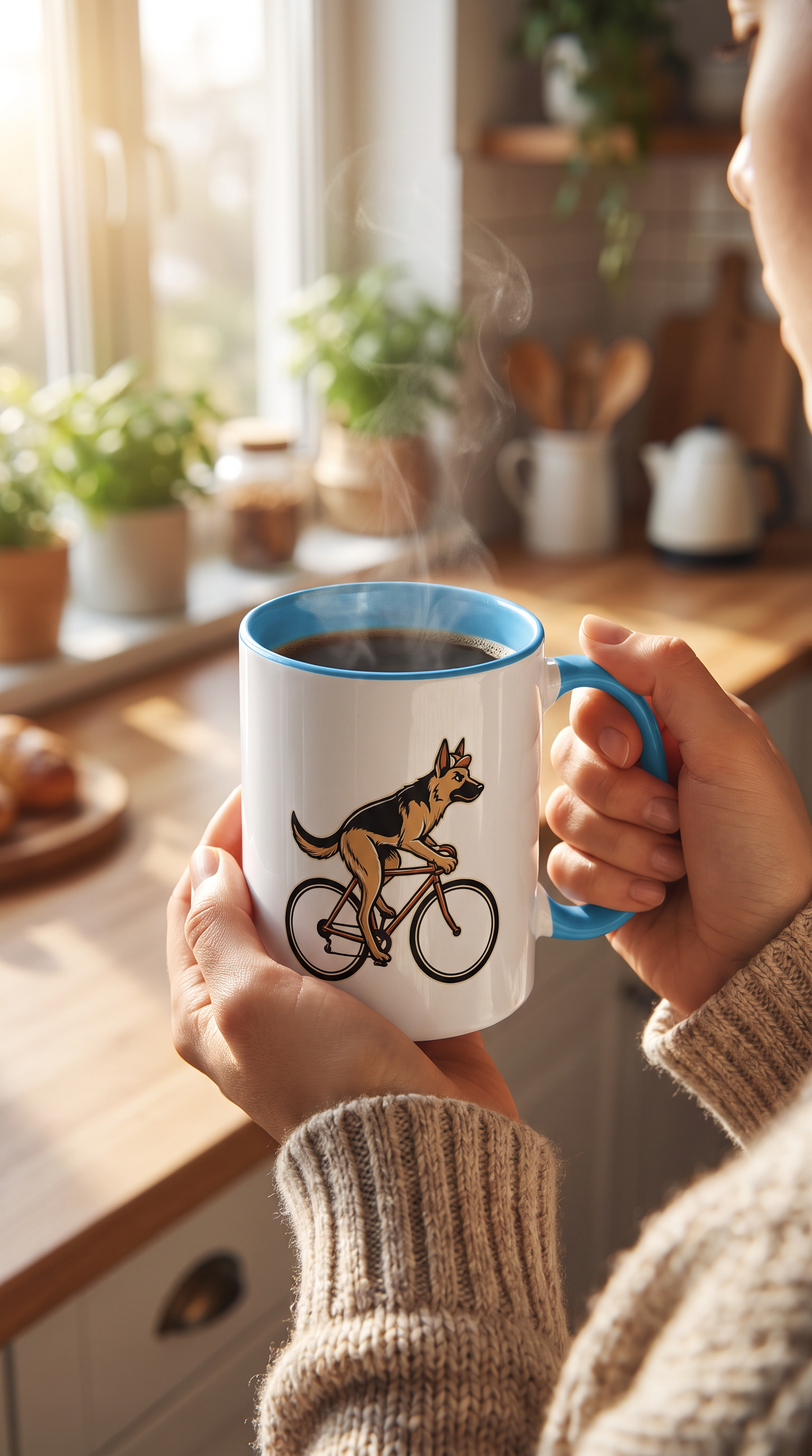 Person holding the German Shepherd on a Bike ceramic mug in a kitchen