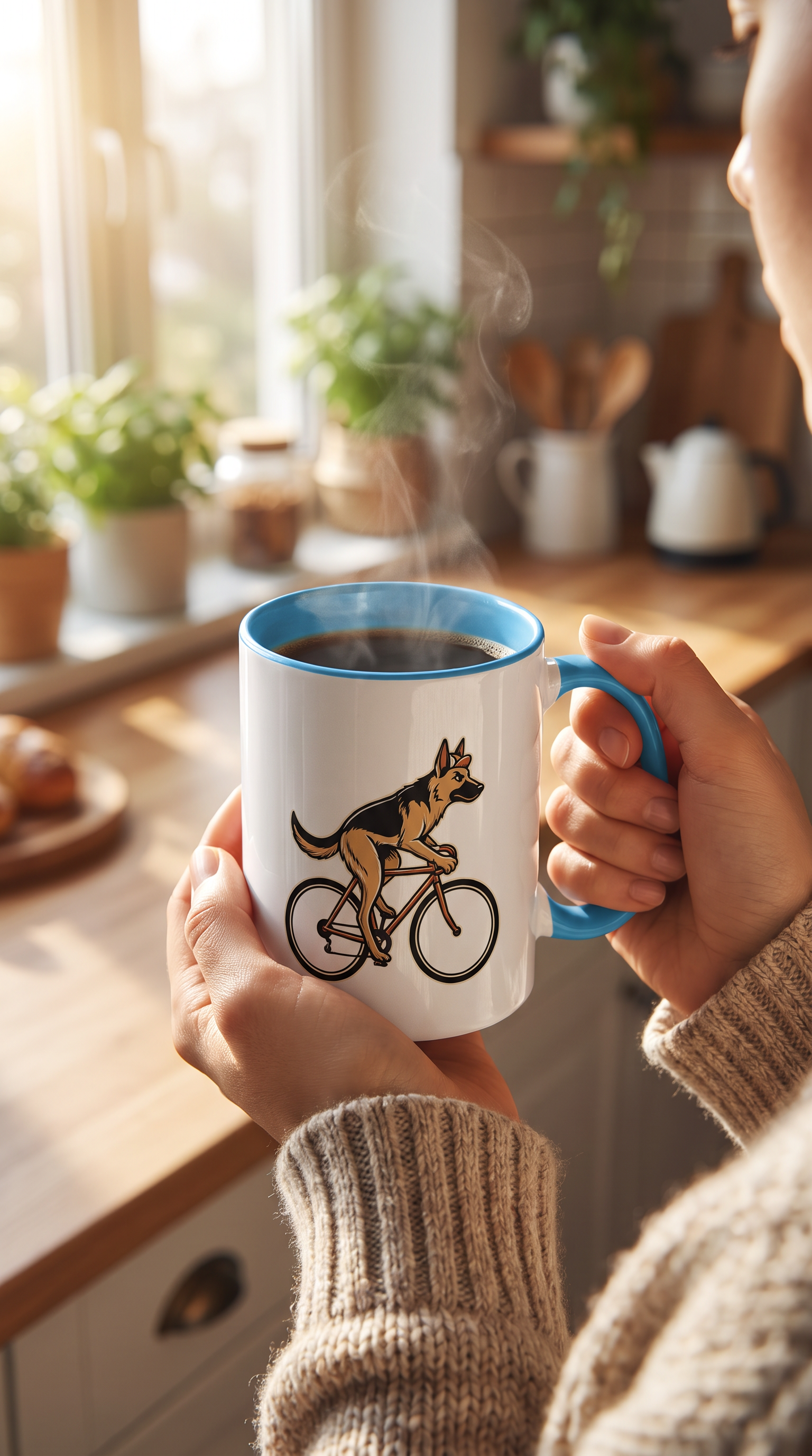 Person holding the German Shepherd on a Bike ceramic mug in a kitchen