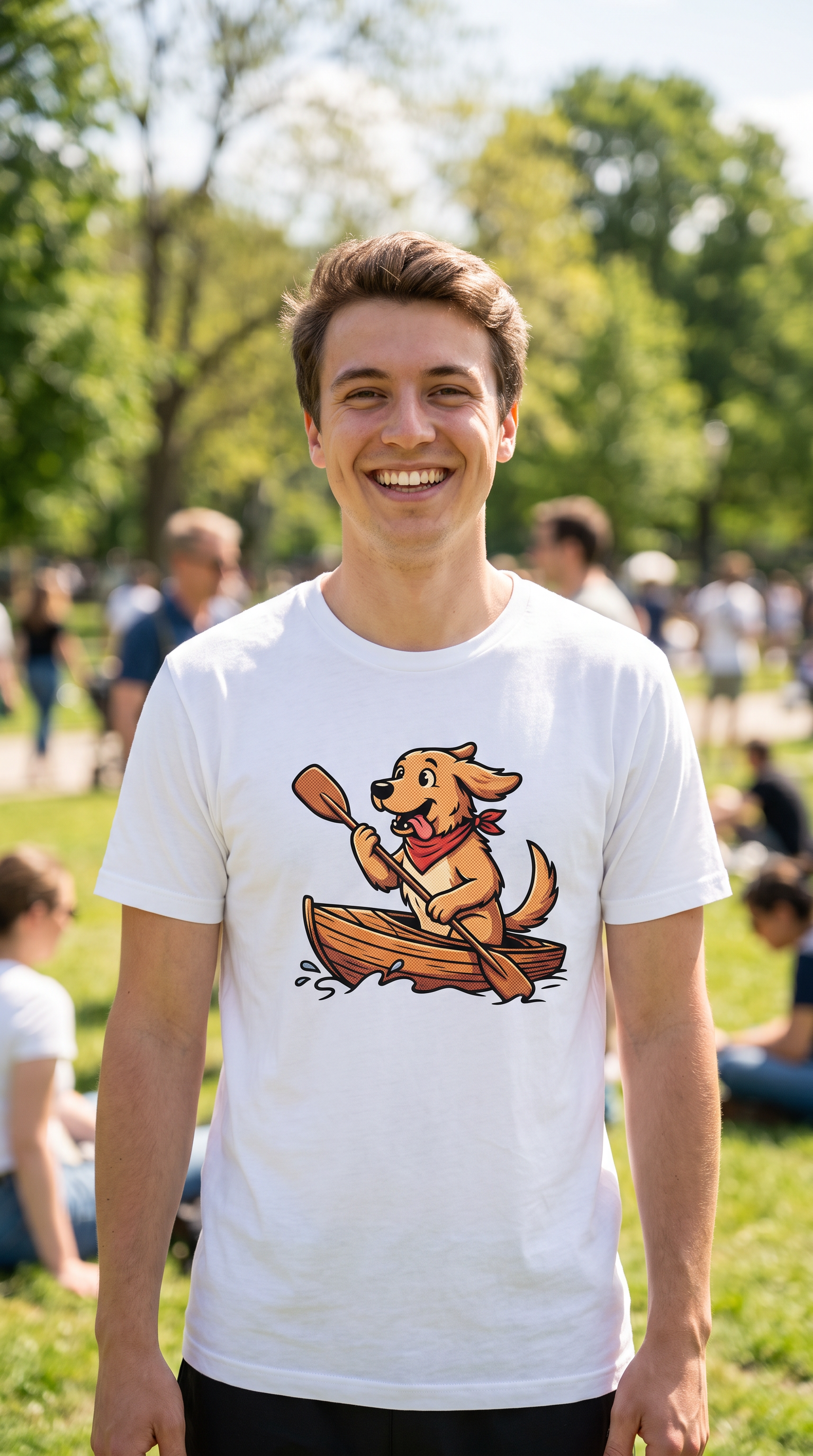 Person wearing the Golden Retriever in a Kayak unisex t-shirt outdoors