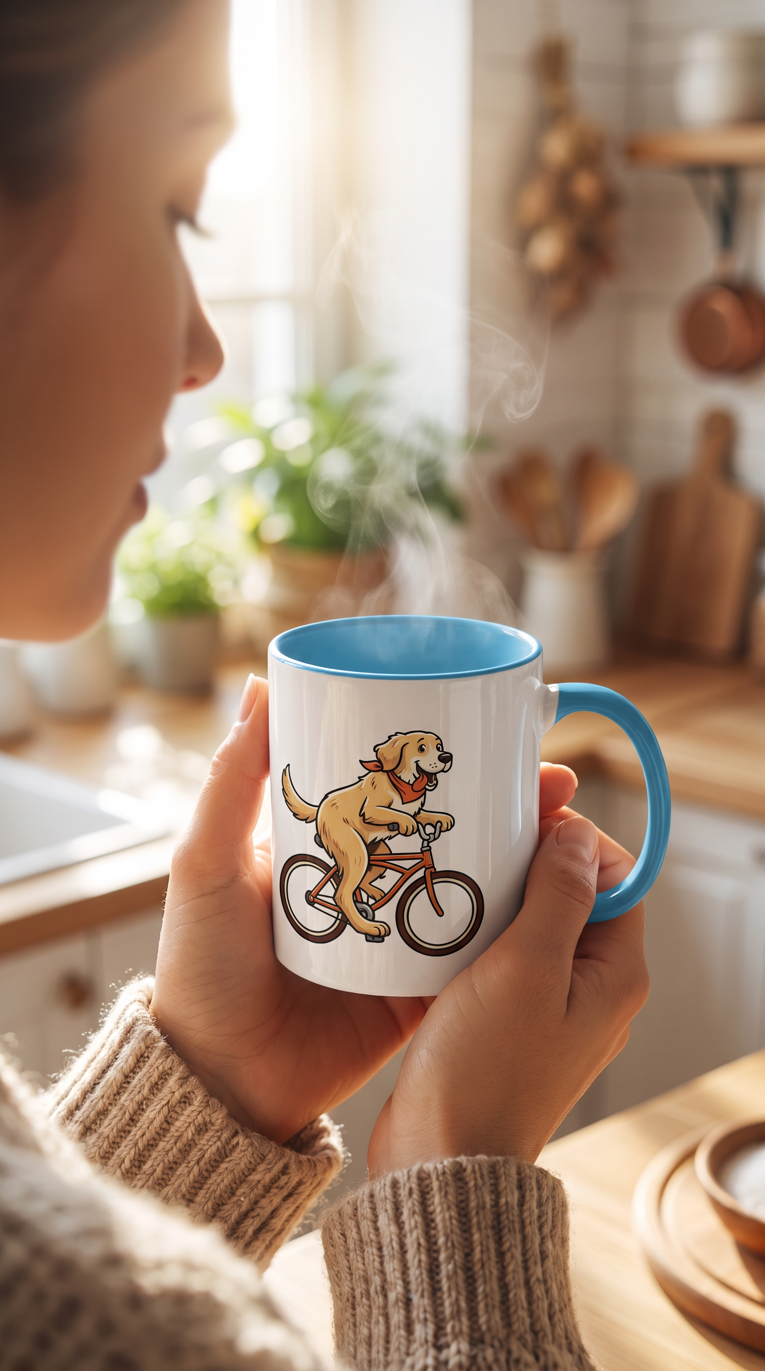 Person holding the Golden Retriever on a Bike ceramic mug in a kitchen