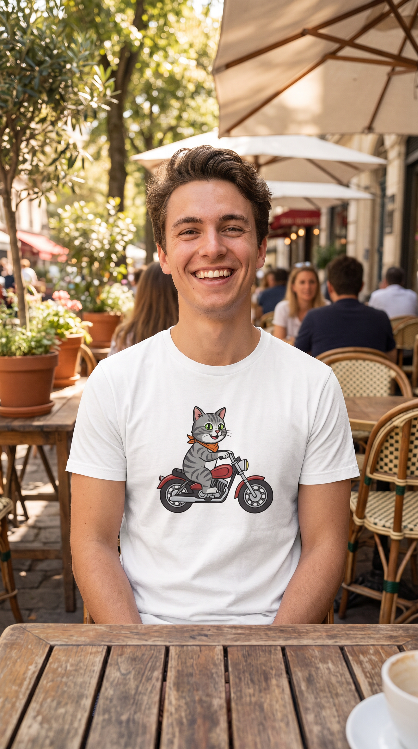 Person wearing the Gray Tabby Cat on a Motorcycle t-shirt, lifestyle photo