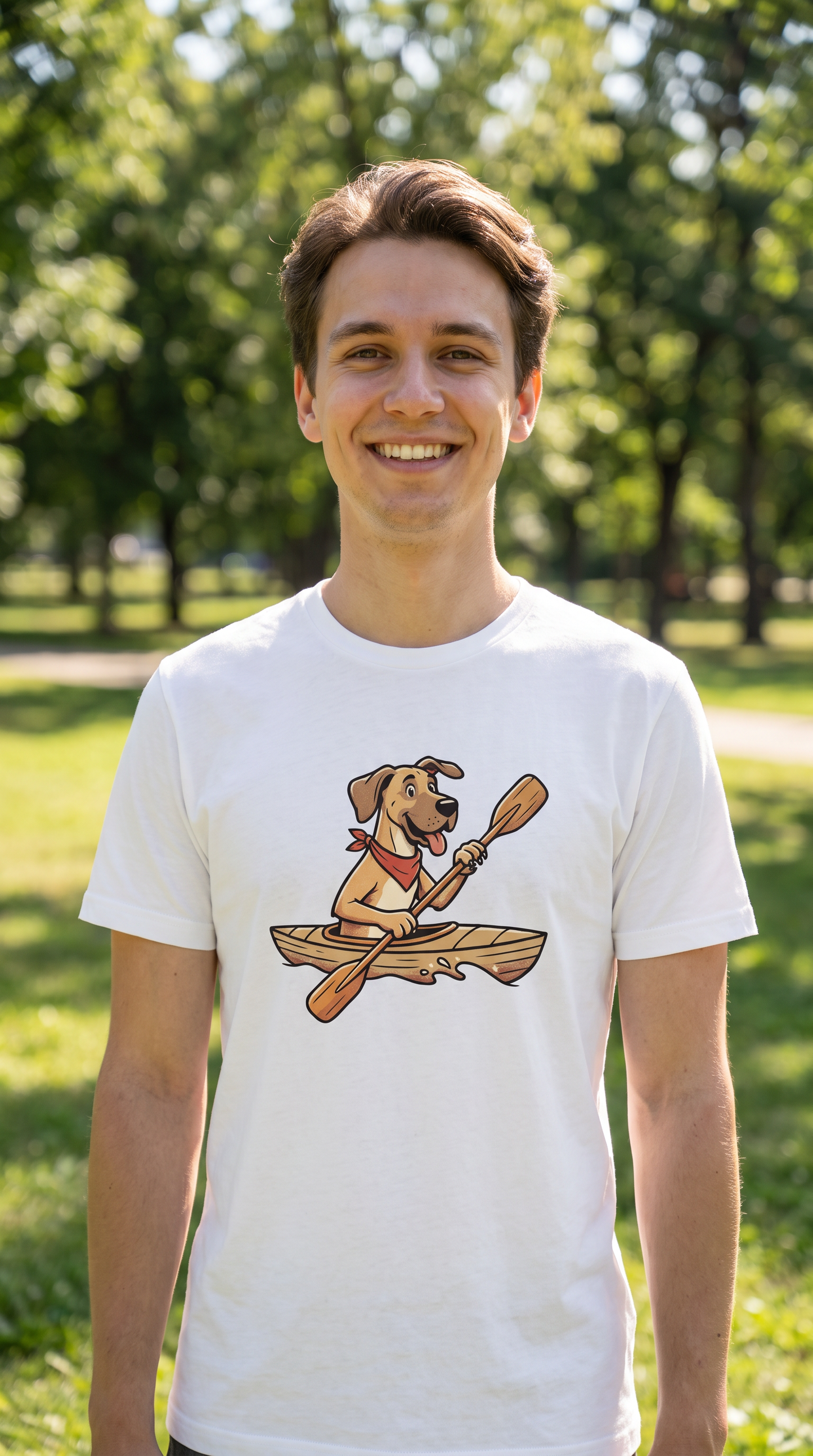 Person wearing the Great Dane in a Kayak unisex t-shirt outdoors