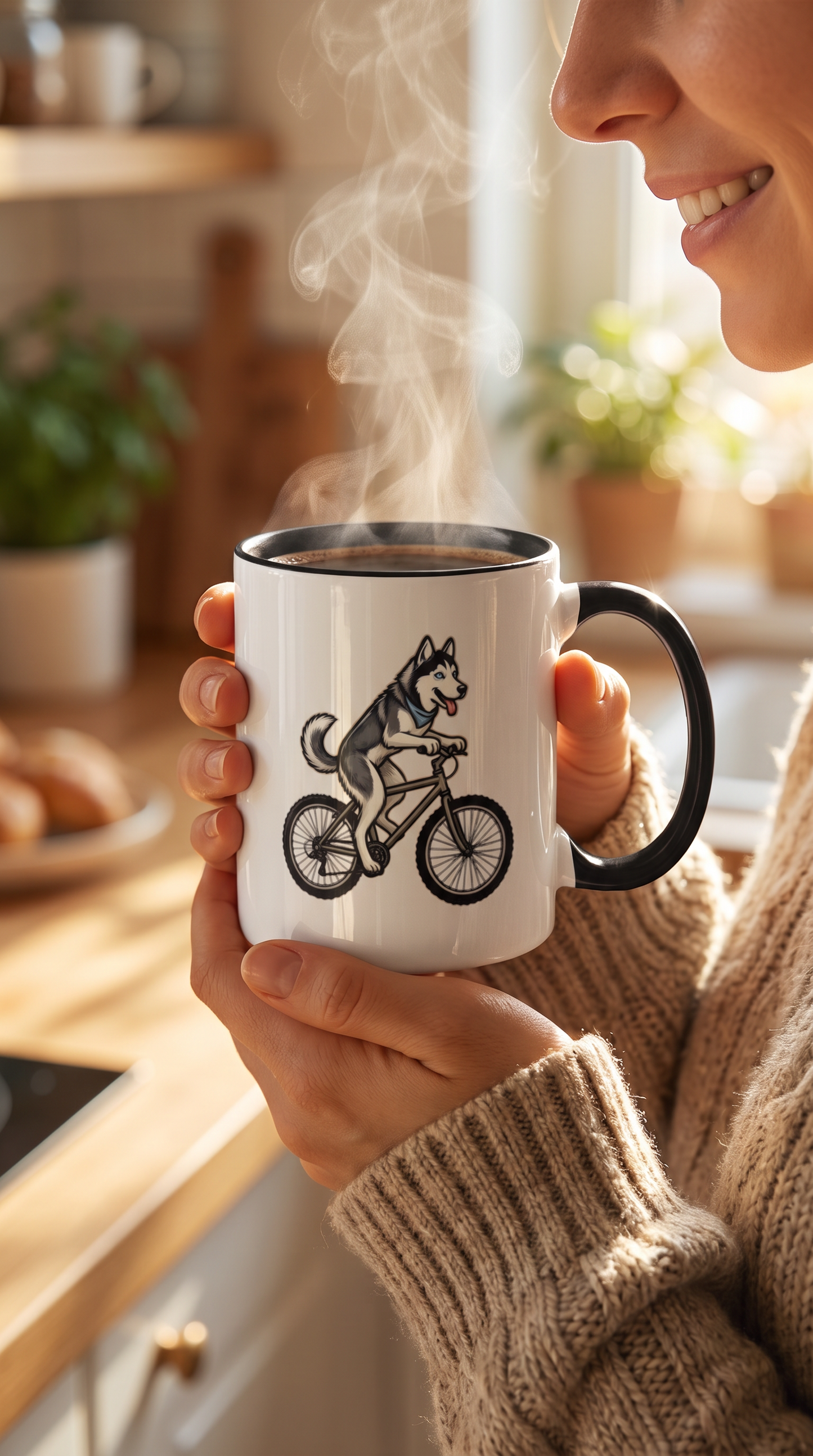 Person holding the Husky on a Bike ceramic mug in a kitchen