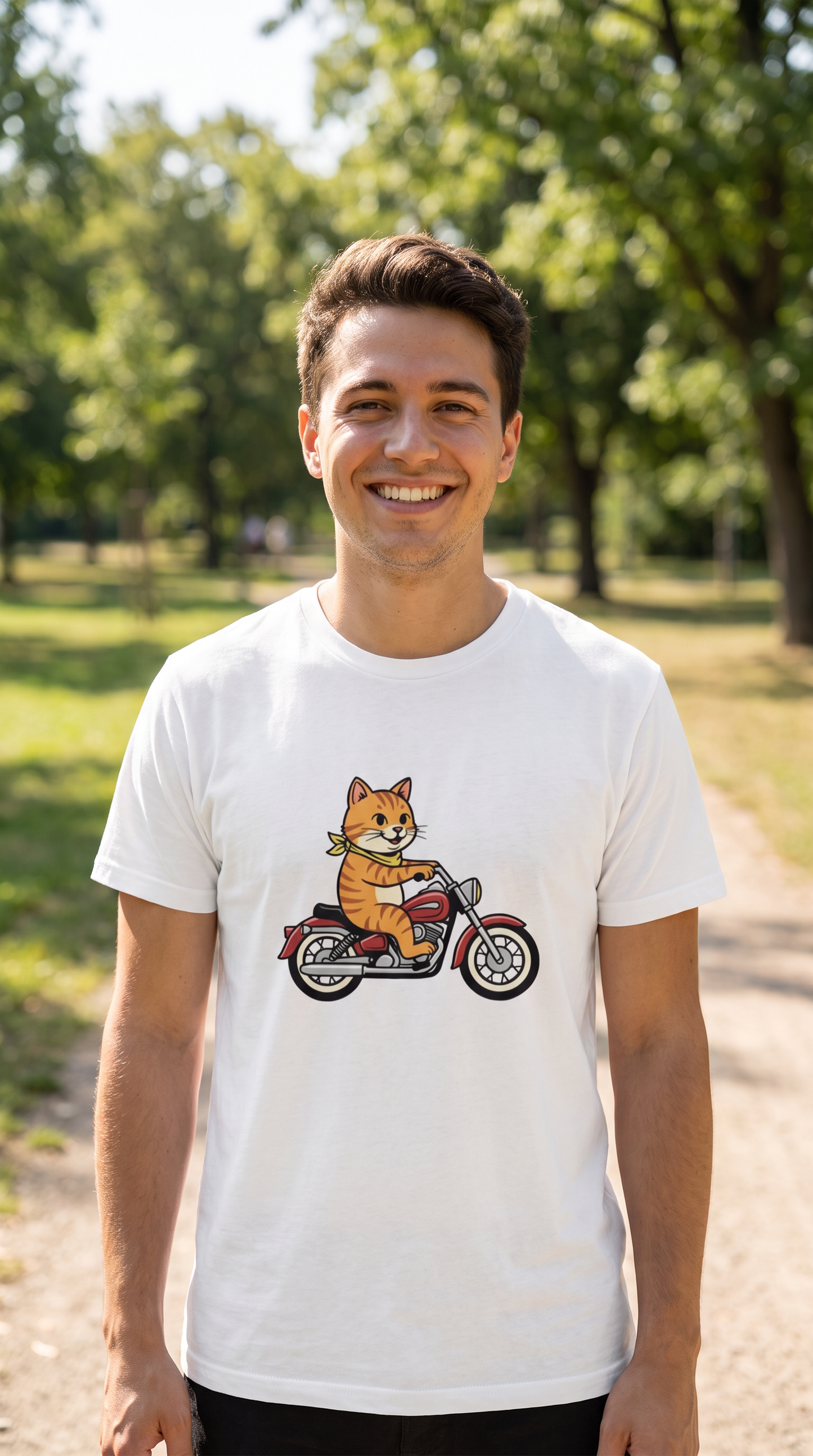 Person wearing the Orange Tabby Cat on a Motorcycle t-shirt, lifestyle photo