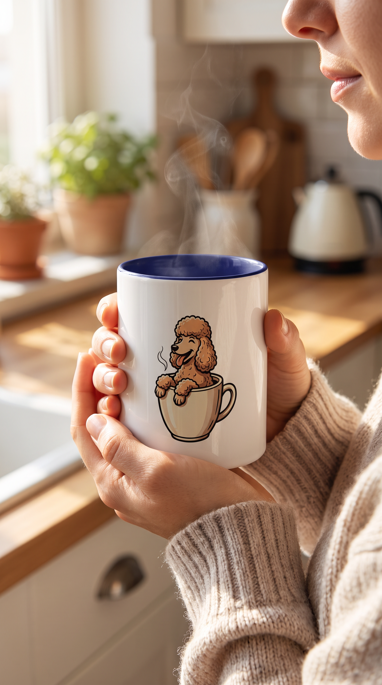 Person holding the Poodle in a Mug ceramic mug in a kitchen
