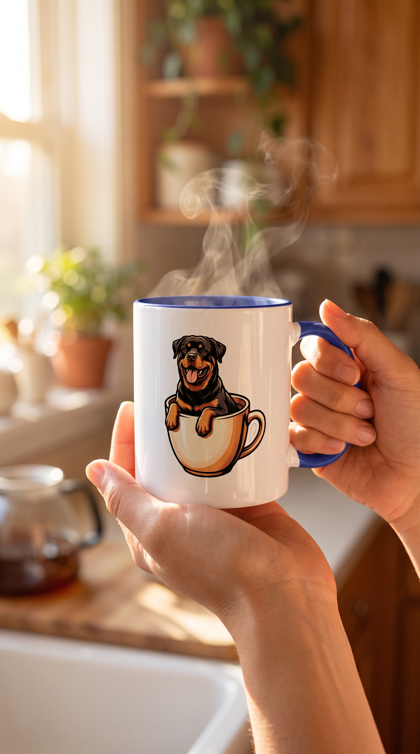 Person holding the Rottweiler in a Mug ceramic mug in a kitchen