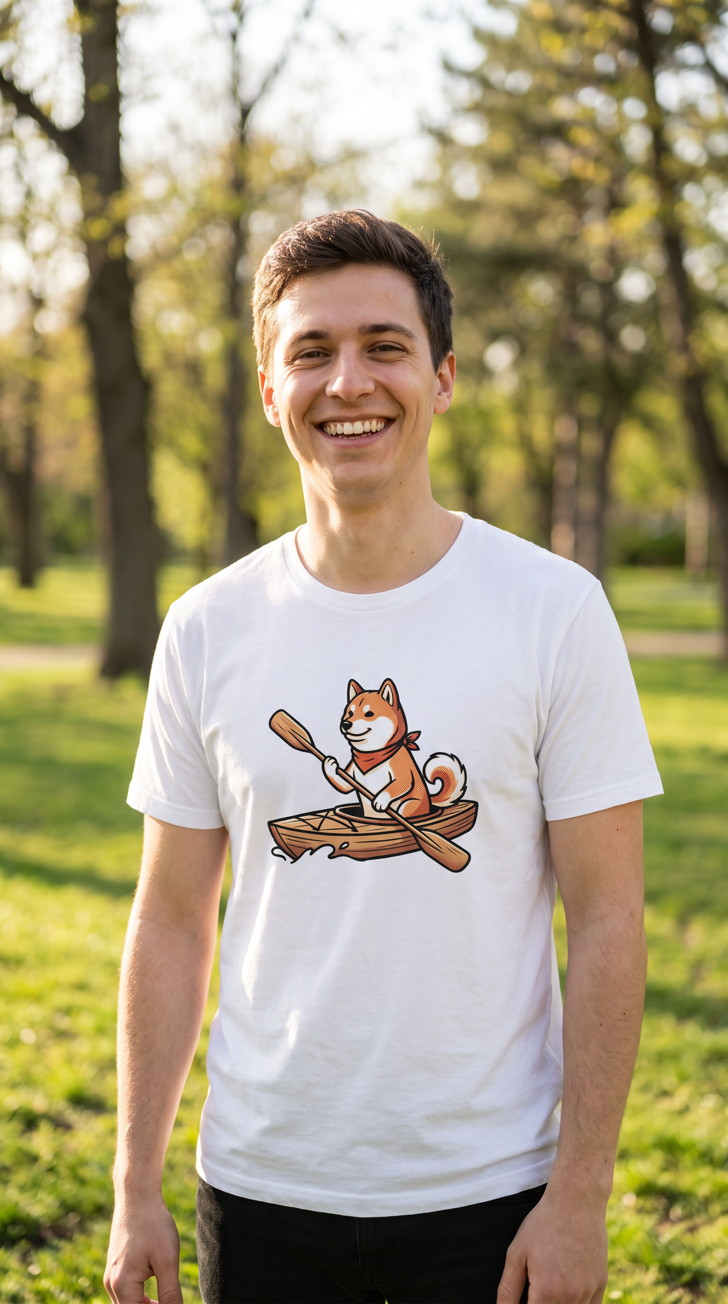 Person wearing the Shiba Inu in a Kayak unisex t-shirt outdoors