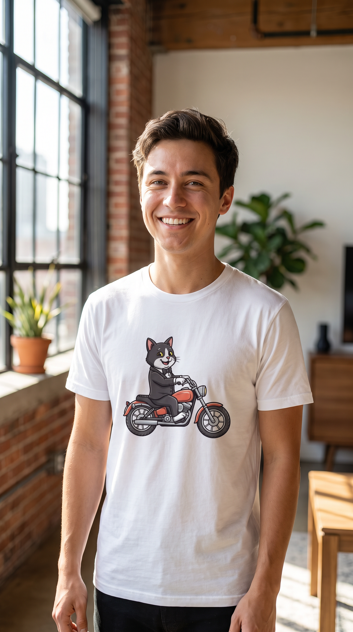 Person wearing the Tuxedo Cat on a Motorcycle t-shirt, lifestyle photo