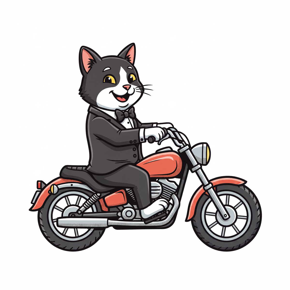 Tuxedo Cat on a Motorcycle t-shirt print design close-up