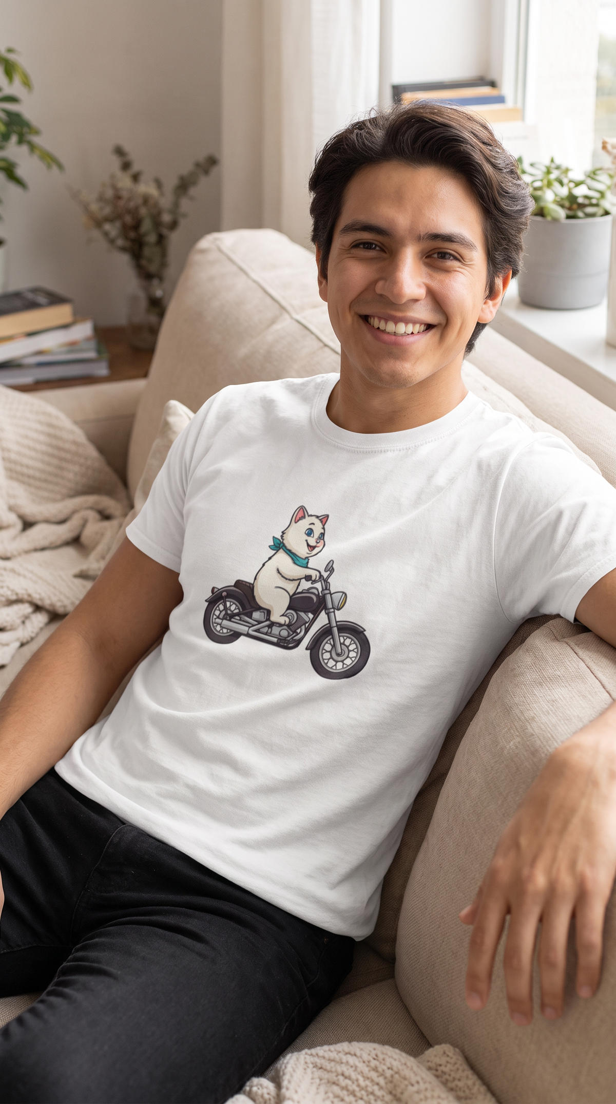 Person wearing the White Cat on a Motorcycle t-shirt, lifestyle photo