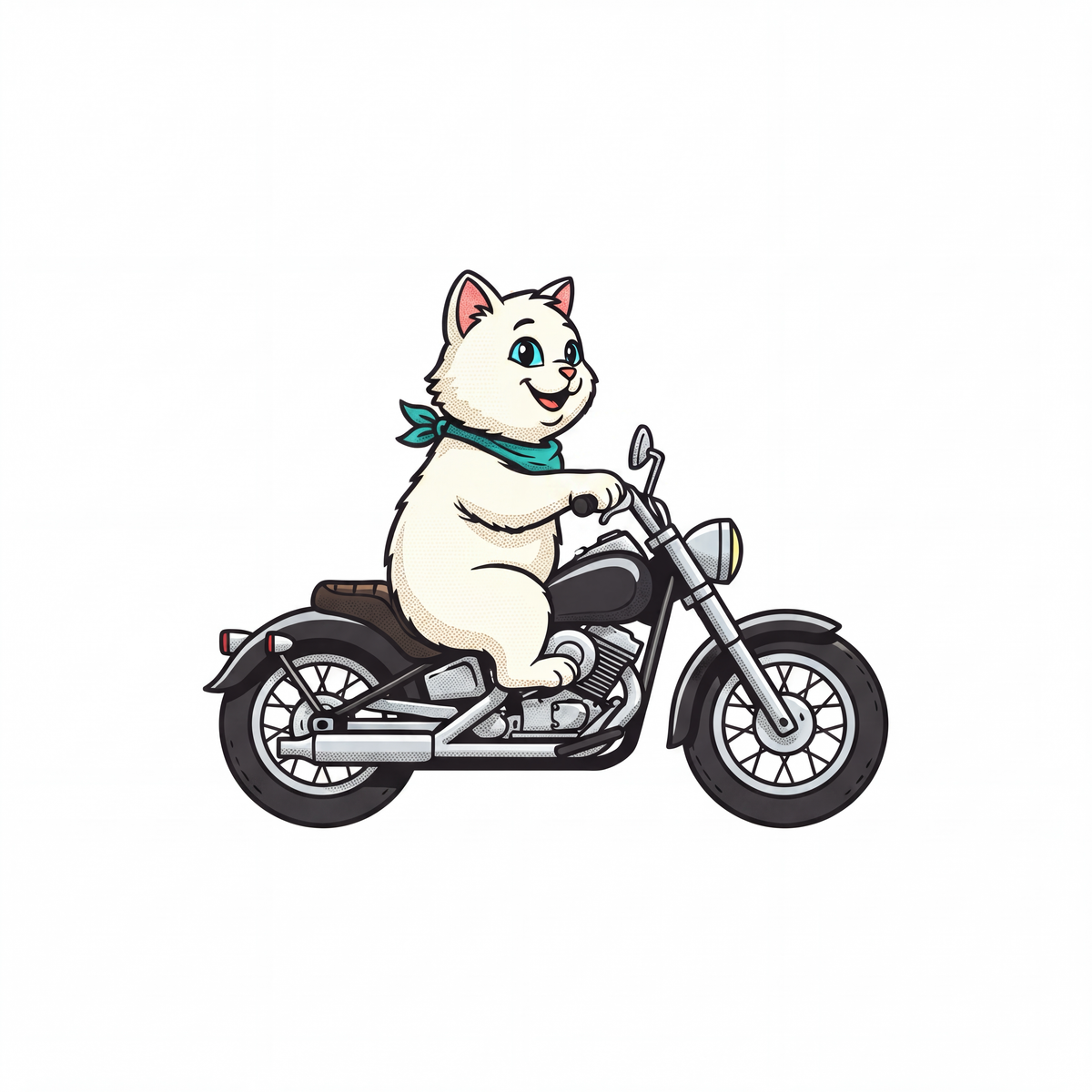 White Cat on a Motorcycle t-shirt print design close-up